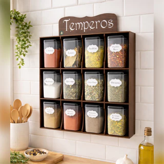 Porta tempero prateleira organizadora em MDF decorado - 12 Potes - Condimentos Mantimentos