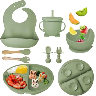 NOVO 2026 Conjunto De Louça De Silicone Para Bebês Tigela De Jantar Sippy Cup Bibs Colher