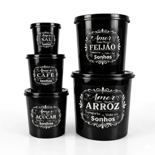 Kit 5 Potes Porta Mantimentos Cada – Plástico Resistente – Arroz, Feijão, Açúcar, Café p