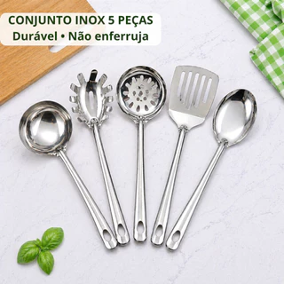 Kit Conjunto Inox 5 Peças, Colher de Arroz, Concha, Pegador de Massas, Escumadeira, Espátu