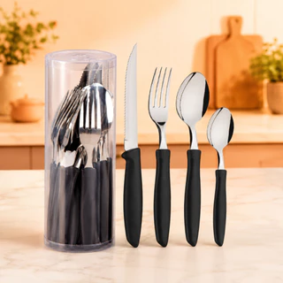 Kit 24/20/16 Jogo de Talheres em Aço Inox Preto com Cabo Ergonômico Premium Faca Garfo Col