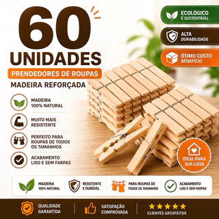 Kit 12 a 60 unidades Prendedor Pregador de Roupas Madeira Reforçado – Varal