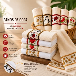 Kit 3 e 5 Panos de Copa Algodão Felpudo Alta Absorção para Cozinha Uso Diário Limpeza Domé