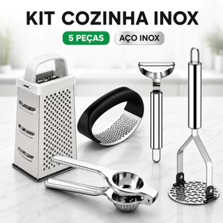 KIT 5 Peças Inox Cozinha | Amassador Batata e Alho, Descascador, Espremedor Limão e Ralado