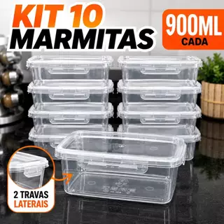 Kit 10 Marmitas 900ml com Travas Potes Herméticos - Livres de BPA para Alimentos organiza