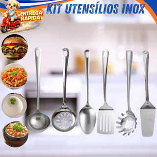 Kit Utensílios Inox Cozinha 6 Peça Concha Escumadeira Colher Arroz Espátula Pegador Massa