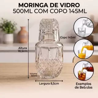 Moringa de vidro 500ml Com copo 145ml Jarra Água Suco Destilados DESIGNER ALEATÓRIOS