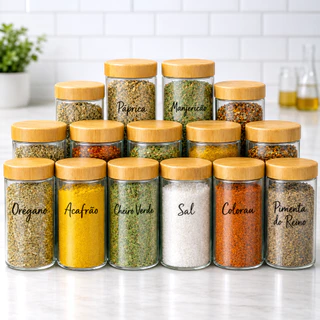 Potes Vidro Tampa Bambu Dosadora Porta Temperos Condimentos Cozinha Hermético Organizador