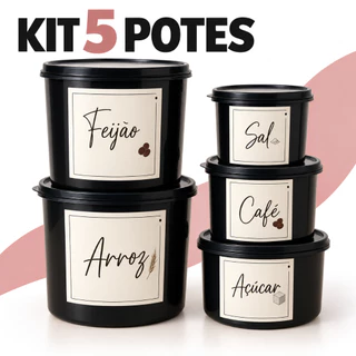Kit 5 Potes Porta Mantimentos Plástico Decorado com Adesivos – Arroz Feijão Açúcar Sal Caf