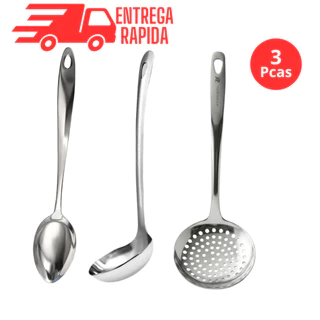 Kit 3/4/5 Utensílio de Cozinha Concha Colher Arroz Escumadeira Aço Inox Resistente Profis