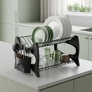 Escorredor De Louça All Black Cozinha Prato Copo Duplo C/ Porta Talheres Luxo