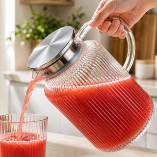 Jarra de Vidro com Tampa Inox Borossilicato 1,7L Lisa ou 1,5L Canelada Água Suco Chá Gelad