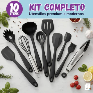 Kit 10 Peças Conjunto Utensílios Cozinha Silicone Inox Jogo Colheres Pegador Concha Preto
