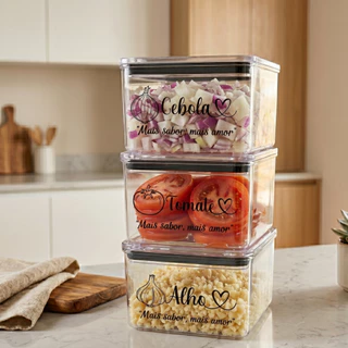 kIT 3 Potes 480ml Porta Tempero Com Adesivo Alho Cebola Tomate Organizadores Herméticos Ac