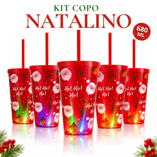 Kit Copo Natalino 680ml com Tampa e Canudo LED – Copo de Natal Reutilizável com Luz Colorida | Unitário, Kit 3 ou Kit 5