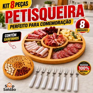 Petisqueira Redonda Frios Queijo c/ Encaixe Ramekin Garfinhos Gamela de Madeira Escolha Va
