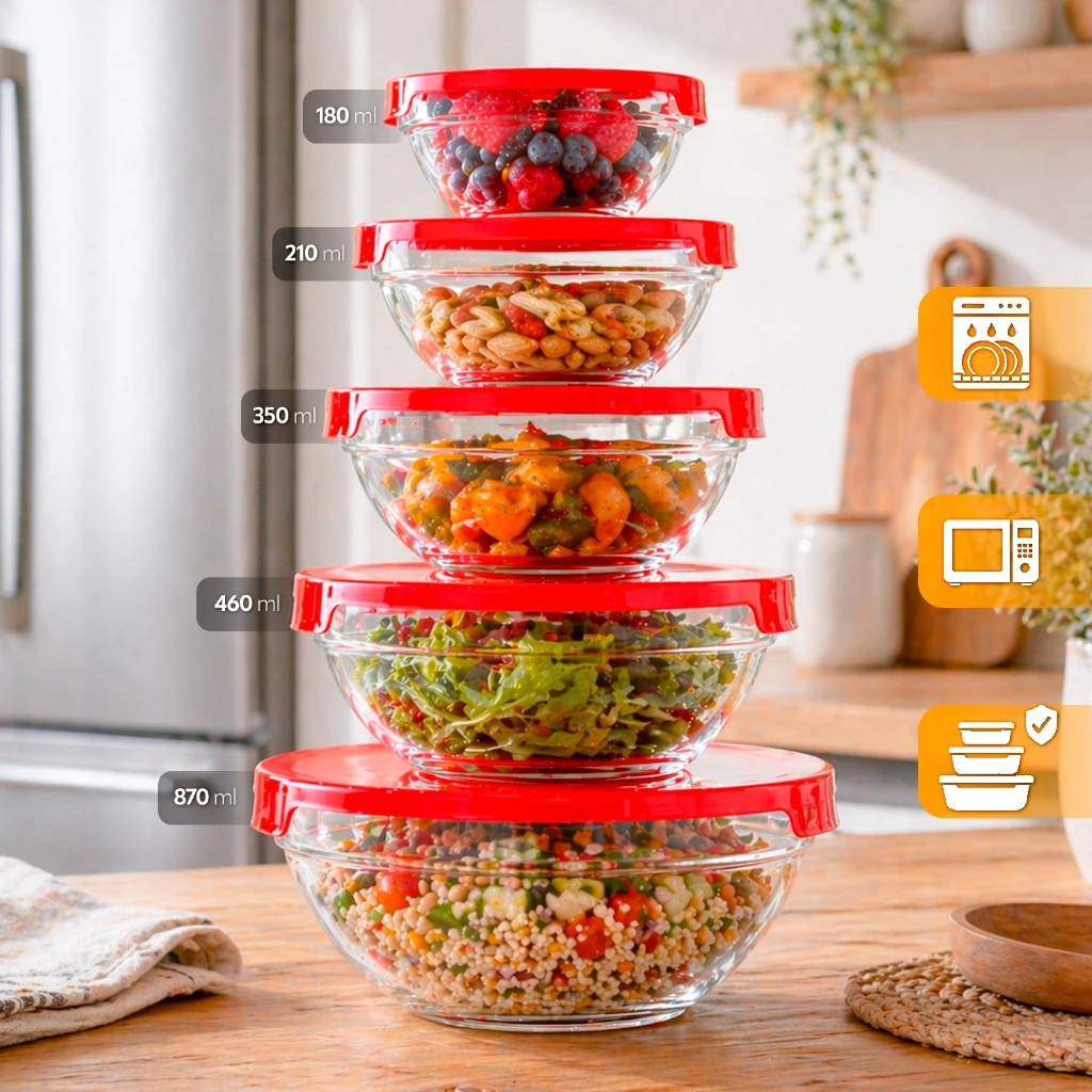 Kit 5 Tigelas de Vidro Redondas Tampas Herméticas Potes Cozinha e Armazenamento
