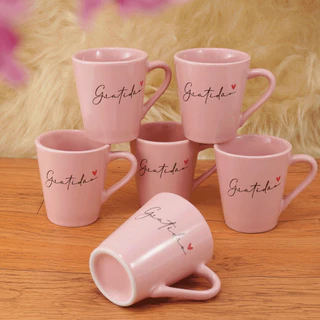 Jogo Xícaras / Canecas Porcelana Café Chá 120 ml Gratidão Rosa Spot
