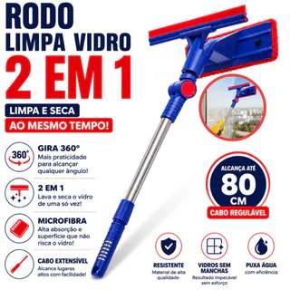 RODO LIMPA VIDRO 2 EM 1 ARTICULADO LIMPADOR DE JANELA MOP GIRATÓRIO RODINHO PARA LIMPEZA D