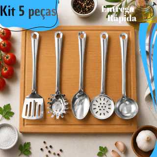 Kit 5 4 3 2 Utensílios Cozinha Inox Colher Arroz Concha Escumadeira Espatula Vazada Pegado