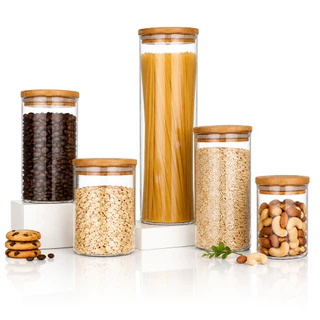 Kit Potes de Vidro Herméticos com Tampa de Bambu