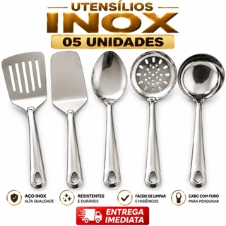 Kit Utensílios Inox 5 Peças Cozinha Inox Espátula Concha Escumadeira Colher Pegador Qualid