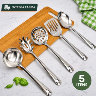 Kit 5 /3 Utensílios Inox Cozinha Jogo Concha Colher Arroz Escumadeira Espátula Pegador De