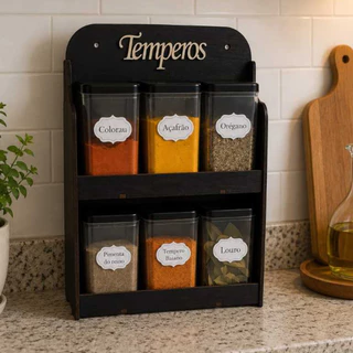 Porta Temperos 6 Potes Parede Mesa Mdf Preto Tempero Mantimentos Condimentos