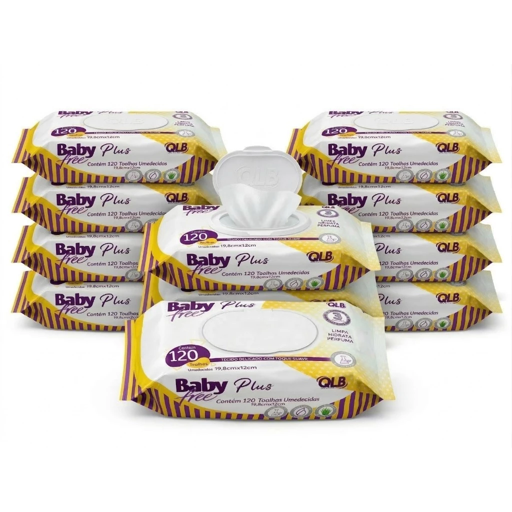 Caixa com 10 Lenços Umedecidos Baby Free Plus com 120 Unidades Cada – Tampa Flip-Top