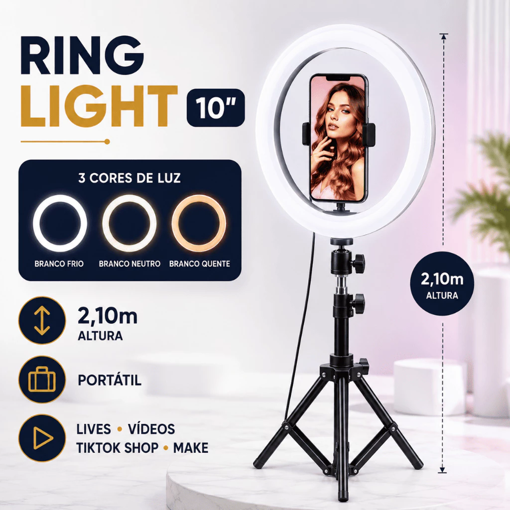 Ring light 10" com tripé de 2,1 m