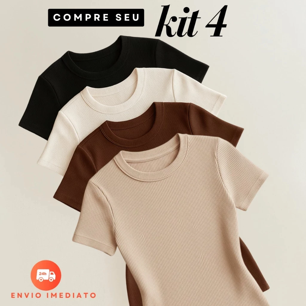 Kit 4 Blusas Feminina Ribana Canelada Poliester Básica Casual Estilosa Tendência Verão