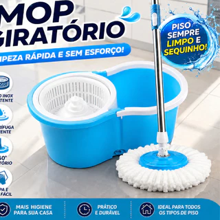 Mop giratório 360° 8 Litros desaguador automático Cabo aço Cesto com balde +1 refil brinde