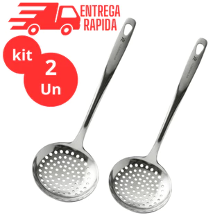 2/3/1 Escumadeira Fritura Aço Inox Resistente 32cm Utensílio Cozinha Profissional Restaura