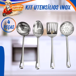 Kit Utensílios Inox Cozinha 4 Peças Concha Colher Arroz Escumadeira Espátula Vazada Profis