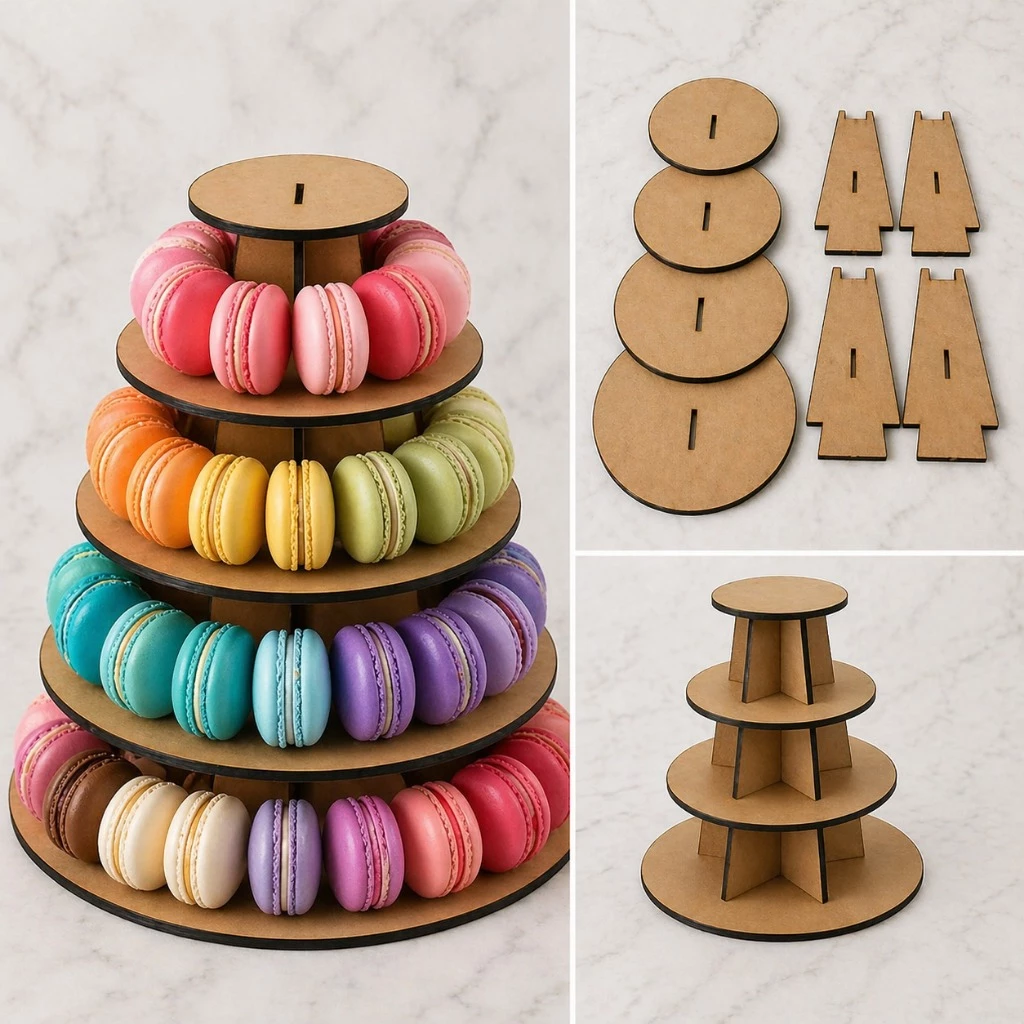 Torre para Macarons 5 Andares MDF Cru 3mm Desmontável 69 Doces Festa