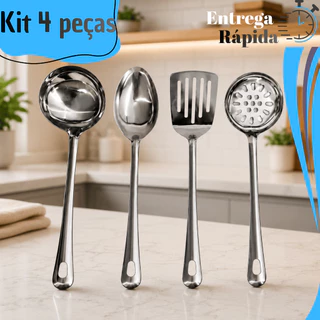 Kit Utensílio Inox Cozinha 4Peça Concha Colher Arroz Escumadeira Espátula Vazada Profissio