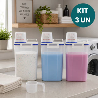 Kit 3 Potes Herméticos 2L Lavanderia Copo Medidor Bico Dosador Porta Sabão em Pó Amaciante