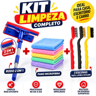 KIT Rodo Limpa Vidro Mágico 2 em 1 + 5 Pano Microfibra Limpa e Absorve + 3 Escova de Canto