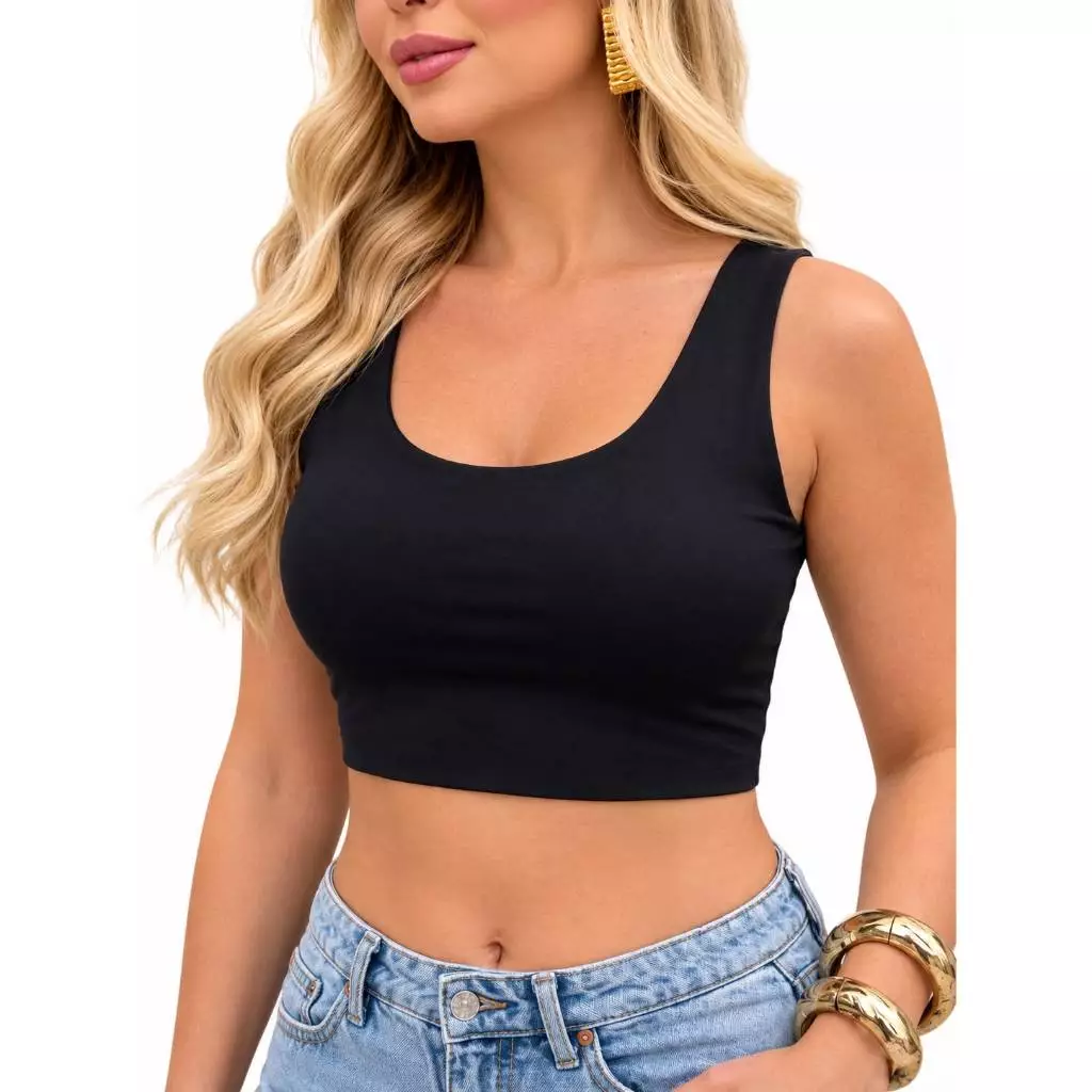 Cropped Feminino Top Faixa Alças Finas Elásticos Básico Forro Duplo Suplex Poliamida
