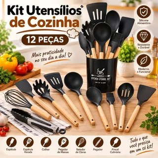 Kit de Utensílios Completo Em Silicone Cabo de Madeira Resistentes ao Calor Design Moderno