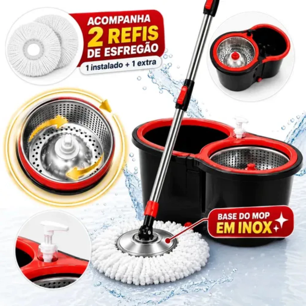 Mop Água Limpa e Suja Flat Mop Giratório Esfregão para Limpeza de Piso com Sistema de Separação de Água