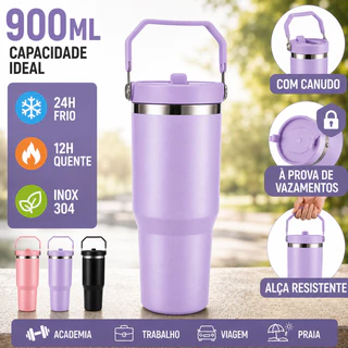 Garrafa Térmica Inox 900ml com Alça, Tampa Antivazamento, para Academia, Trabalho, Viagem