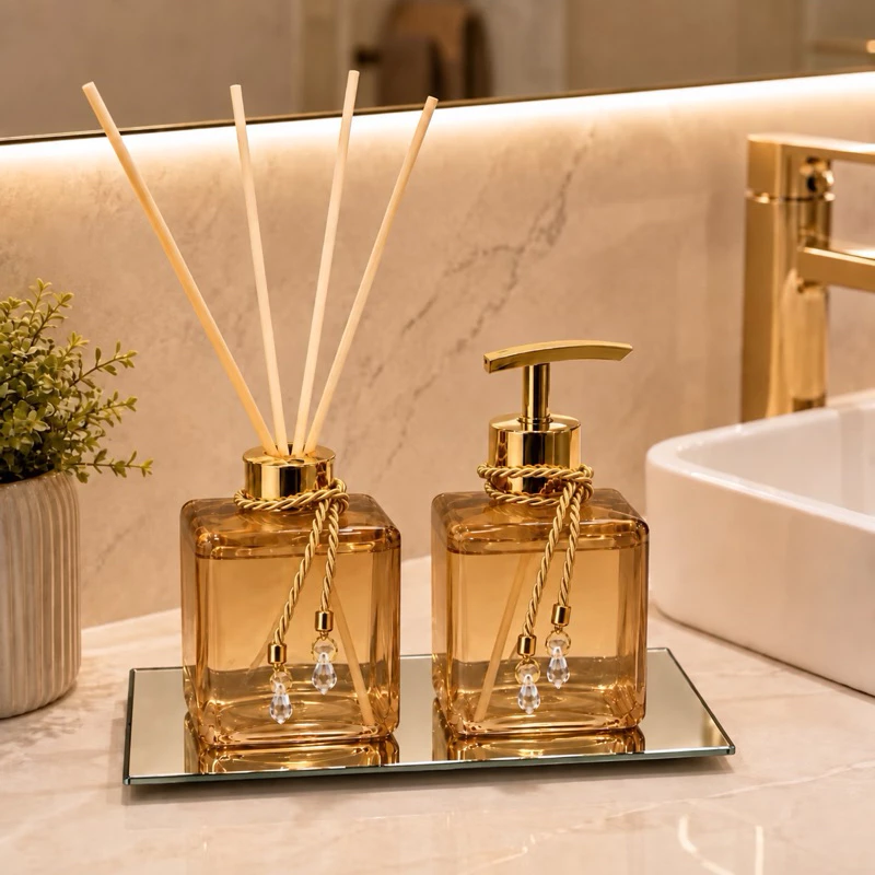 Kit Lavabo Pet Ambar Difusor de Varetas e Saboneteira Luxo Bandeja Banheiro Casa
