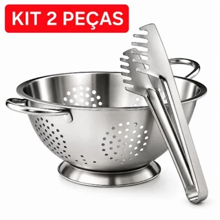 Escorredor de Macarrão Massas Multiuso + Pegador de Massas Inox Utensílios Cozinha KIT 2 P
