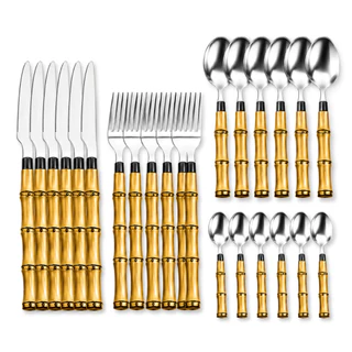 Faqueiro 24,12 ou 8 Peças Aço Inox Cabo Bambu Jogo de Talheres Luxo Cozinha Cabo imitando