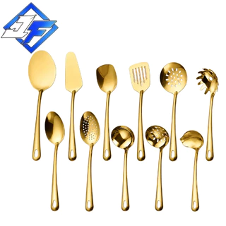 Kit 4/11 Peças Utensílios de Cozinha em Aço Inoxidável Dourado - Espátula, Colher, Concha,