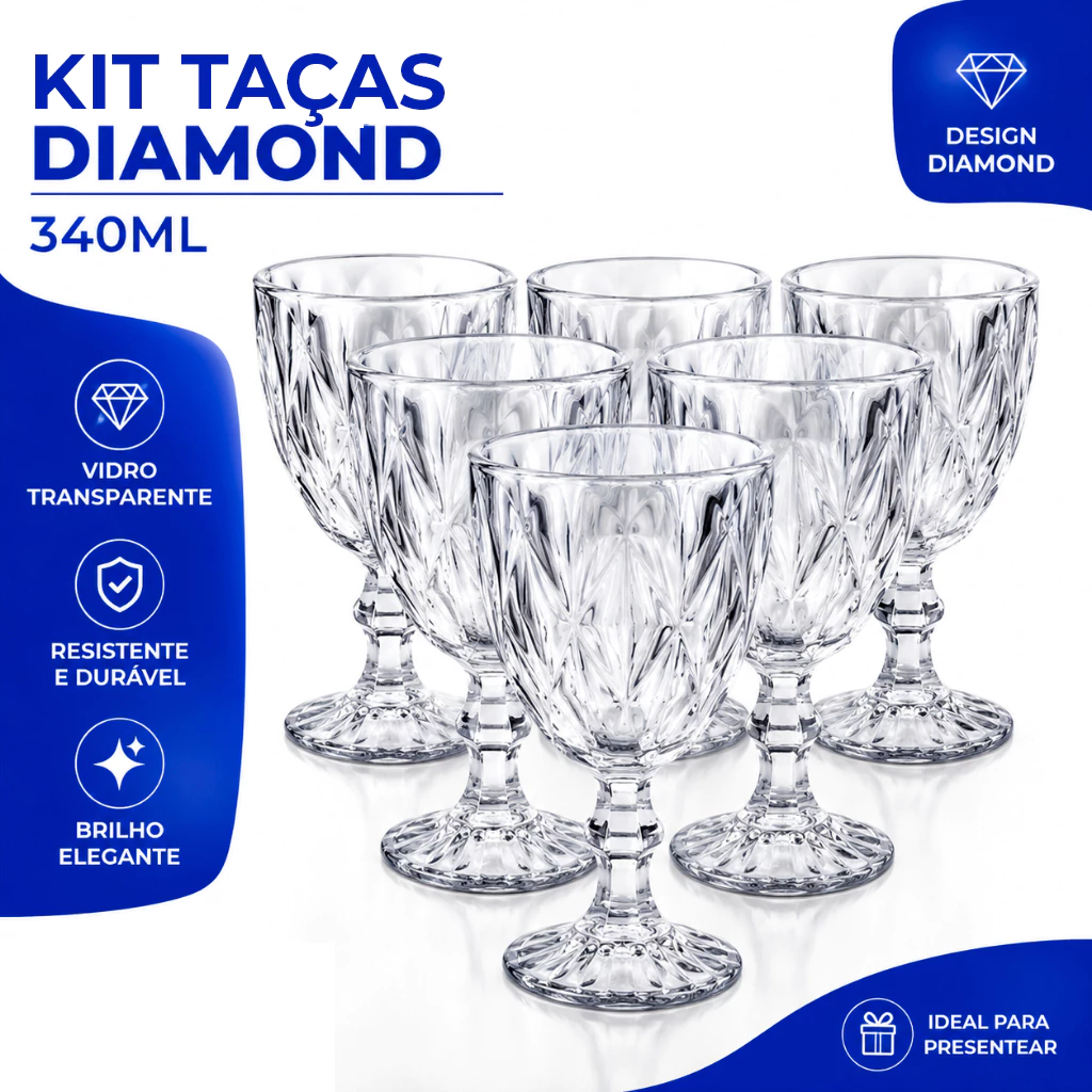 Jogo Taças Vidro 340Ml Diamond Bico Jaca Abacaxi Conjunto Taça Para Água Vinho Tinto Suco Diamante