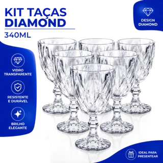 Jogo Taças Vidro 340Ml Diamond Bico Jaca Abacaxi Conjunto Taça Para Água Vinho Tinto Suco