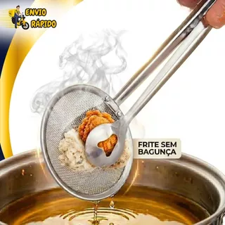Pegador Pinça para Frituras Escumadeira com Pinça e Peneira Inox Para Batata Frita Frango