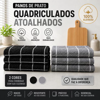Kit 5 e 10 Pano de Prato Copa Felpudo Atoalhado 100% Algodão Quadriculado Preto e Prata